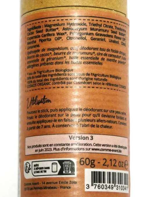 Stick de déodorant solide bio Comme Avant, parfum menthe poivrée et géranium bourbon - Ker Gaïa