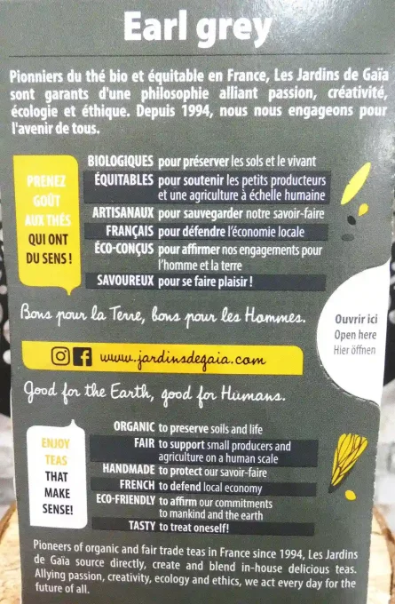 Infusettes de thé noir bio aromatisé Earl Grey - Bergamota - Les Jardins de Gaïa - Ker Gaïa Redon