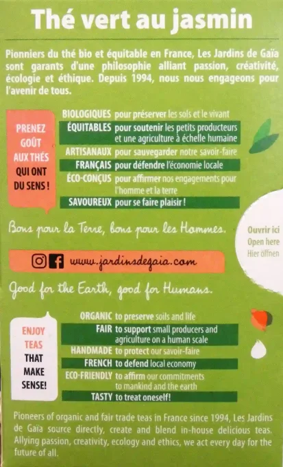 Thé vert bio traditionnel de Chine au Jasmin en infusettes - Les Jardins de Gaïa - Ker Gaïa Redon