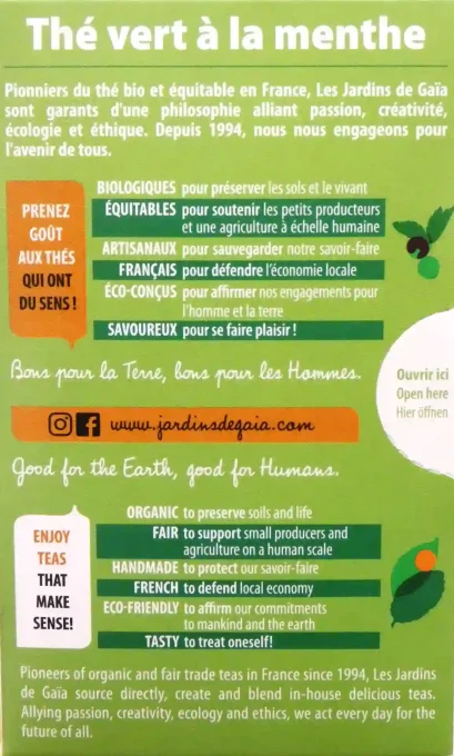 Thé vert bio menthe douce en infusettes - Les Jardins de Gaïa - Ker Gaïa Redon