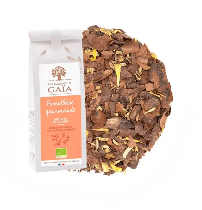 Infusion bio Parenthès détente - Ecorces de cacao, Fenouil, réglisse, fève tonka, pétales de souci -