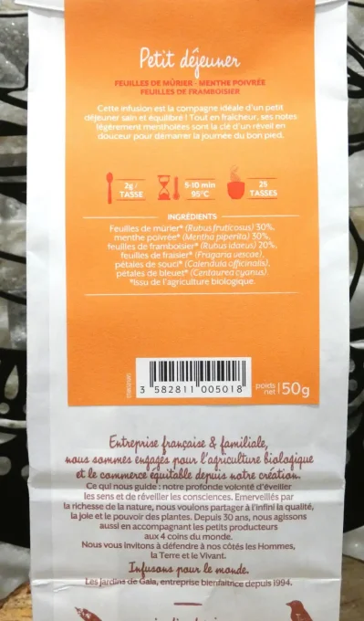 Tisane de plantes pour le petit déjeuner - Feuilles de mûrier, menthe poivrée et framboisier