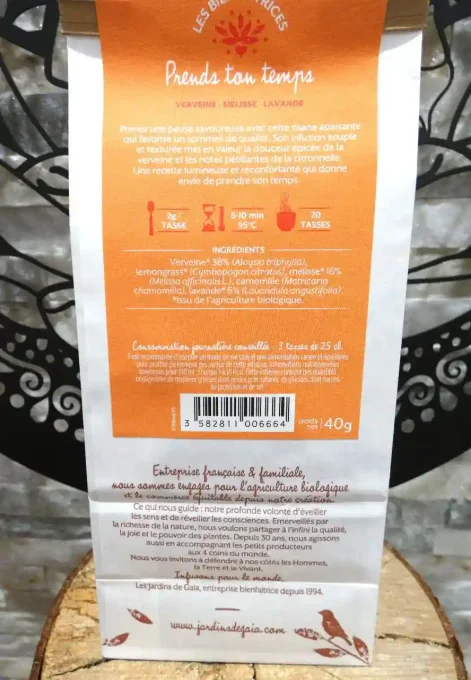Tisane Prends ton temps - Verveine, lemongrass, mélisse, camomille, lavande - Les Jardins de Gaïa