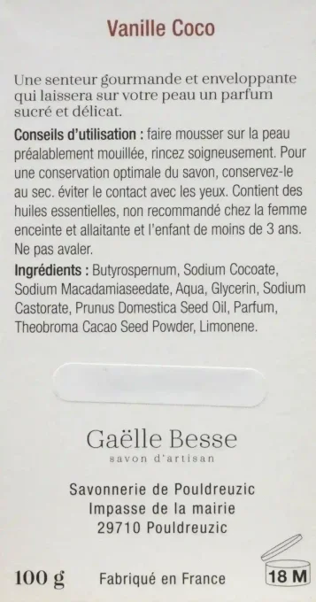 Savon Gaëlle Besse Vanille Coco pour le corps - Surgras à 8 % - Ker Gaïa