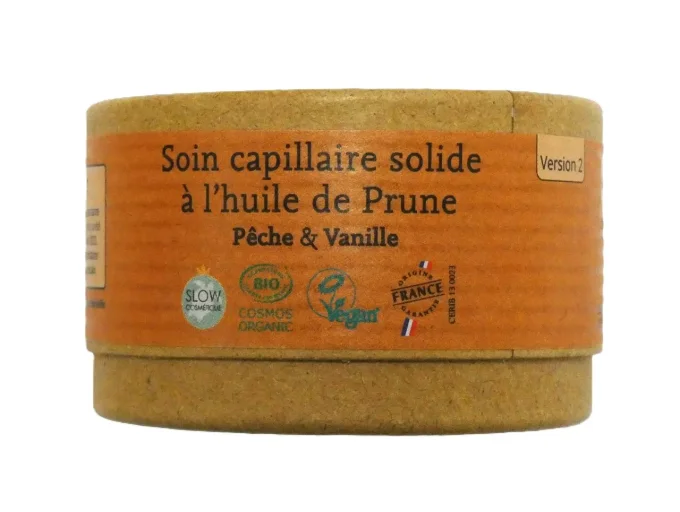 Soin capillaire solide bio à l'huile de prune - Parfum pêche vanille - Comme Avant