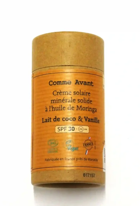 Crème solaire solide bio Comme Avant SPF 30 - Parfum lait de coco et vanille - Ker Gaïa