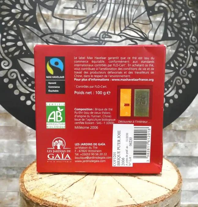 Thé sombre Pu'er Joie bio - Thé sombre de Chine en brique - Les Jardins de Gaïa - Ker Gaïa