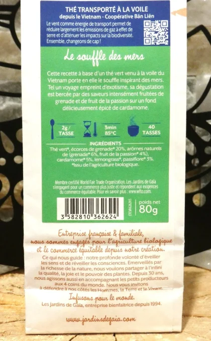 Thé vert aromatisé Le Souffle des Mers - Passion, grenade et cardamome - Les Jardins de Gaïa