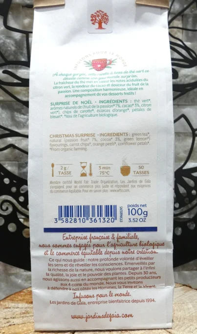 Thé vert bio Surprise de Noël - saveurs passion, cacao, citron vert - Les Jardins de Gaïa