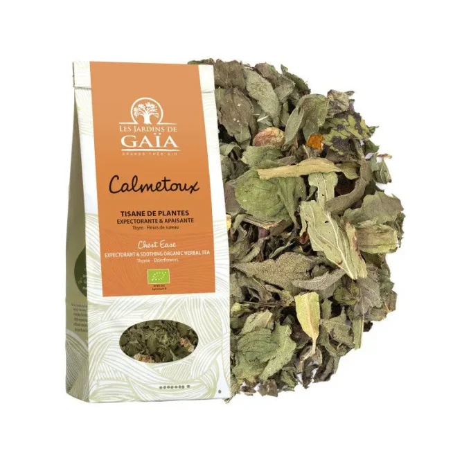 Tisane bio expectorante et apaisante Calmetoux - Thym, plantain, sauge, menthe, camomille, sureau