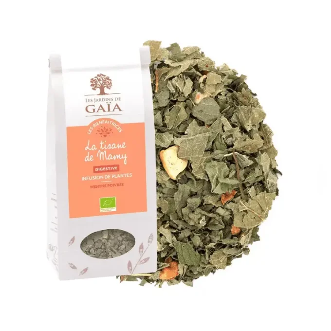 Tisane bio La Tisane de Mamy - Menth poivrée, mûrier, églantine, pomme - Jardins de Gaïa - Ker Gaïa